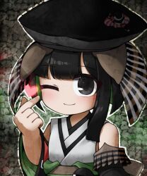 Rule 34 | 1boy, ;), black eyes, black hair, black hat, black sleeves, closed mouth, colored inner hair, commentary request, detached sleeves, finger heart, green hair, hat, heart, indie virtual youtuber, japanese clothes, kimono, male focus, multicolored hair, one eye closed, sleeveless, sleeveless kimono, smile, solo, tabinoki kanae, tabinoki kanae (1st costume), virtual youtuber, websci 3357, white kimono