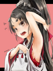 Rule 34 | 1girl, akino shuu, arm up, armpits, black hair, brown eyes, hair ornament, high ponytail, japanese clothes, kantai collection, kimono, long hair, long sleeves, looking at viewer, nisshin (kancolle), open mouth, short eyebrows, solo, thick eyebrows, torn clothes, torn kimono, twitter username, upper body, very long hair, wide sleeves