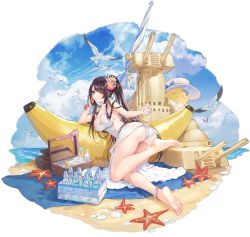 Rule 34 | 1girl, animal, anklet, ass, azur lane, backless dress, backless outfit, banana boat, bare arms, bare shoulders, barefoot, beach, beach mat, bikini, bikini under clothes, bird, black hair, bottle, bracelet, breasts, chick, cleavage, cloud, criin (659503), dress, feet, flower, hair flower, hair ornament, hibiscus, hiei (azur lane), hiei (beauty of the white sands) (azur lane), highres, horns, jewelry, large breasts, long hair, looking at viewer, looking back, lotion, lotion bottle, manjuu (azur lane), official alternate costume, official art, orange eyes, picnic basket, ponytail, pouring, sand, sand castle, sand sculpture, sleeveless, sleeveless dress, solo, starfish, swimsuit, thighs, transparent background, very long hair, water, water bottle, white bikini, white dress