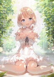 Rule 34 | 1girl, absurdres, ahoge, bare shoulders, blonde hair, blue eyes, blurry, blurry background, breasts, cleavage, collarbone, daisy, dress, flower, hair flower, hair ornament, head tilt, highres, leaf, liver city, looking at viewer, nijihashi sora, open mouth, outstretched arms, plant, short hair, sitting, sleeveless, smile, solo, wariza, water, white dress, white flower