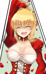 Rule 34 | 10s, 1girl, :d, ^ ^, arm up, blush, breasts, closed eyes, epaulettes, fate/extra, fate (series), hair intakes, highres, i.f.s.f, juliet sleeves, long sleeves, medium breasts, nero claudius (fate), nero claudius (fate) (all), nero claudius (fate/extra), open mouth, petals, puffy sleeves, sidelocks, smile, solo, teeth, twitter username, upper body