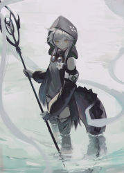 Rule 34 | 1girl, 7ife, absurdres, arknights, bad id, bad pixiv id, bare shoulders, black thighhighs, crocodilian tail, expressionless, full body, gloves, highres, holding, holding staff, hood, in water, large tail, long hair, long sleeves, looking at viewer, silver hair, solo, staff, standing, tail, thighhighs, tomimi (arknights), torn clothes, torn thighhighs, wading, yellow eyes