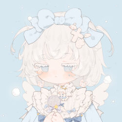 Rule 34 | 1girl, :&lt;, angel wings, blue background, blue bow, blue dress, blue eyes, blush, bored, bow, cartoon wings, chinese commentary, choker, closed mouth, collared dress, colored eyelashes, commentary request, cross hair ornament, dress, frilled choker, frilled dress, frills, frown, hair bow, hair ornament, half-closed eyes, highres, holding, holding wand, jewel under eye, looking at viewer, mugoa mugo, original, own hands together, pom pom (clothes), rabbit hair ornament, short hair, simple background, sleeve bow, solo, two side up, upper body, wand, white bow, white choker, white hair, white wings, wing hair ornament, wings