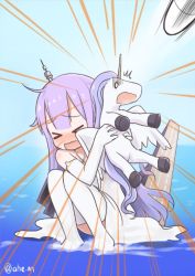 Rule 34 | &gt; &lt;, 1girl, ahenn, azur lane, blush, commentary request, hugging doll, dress, elbow gloves, emphasis lines, flight deck, gloom (expression), gloves, long hair, hugging object, open mouth, purple hair, scared, squatting, stuffed pegasus, stuffed unicorn, stuffed winged unicorn, thighhighs, twitter username, unicorn (azur lane), water, wavy mouth, white dress, white gloves, white thighhighs