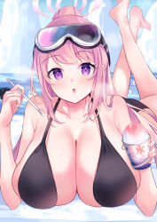 Rule 34 | 1girl, :o, bare legs, barefoot, bikini, black bikini, blue archive, blush, breasts, breath, cleavage, collarbone, crossed ankles, eimi (blue archive), eimi (swimsuit) (blue archive), food, glacier, goggles, goggles on head, halo, highres, huge breasts, looking at viewer, lying, mi taro333, official alternate costume, on stomach, outdoors, pink hair, ponytail, purple eyes, shaved ice, sidelocks, ski goggles, solo, swimsuit