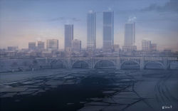 Rule 34 | bridge, building, cityscape, ice, no humans, original, scenery, seo tatsuya, skyscraper