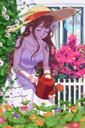 Rule 34 | 1girl, breasts, brown hair, cleavage, closed eyes, collarbone, commentary, english commentary, flower, hair behind ear, hair flower, hair ornament, hat, highres, light smile, long hair, medium breasts, miori celesta, orange flower, parted lips, pink flower, red flower, solo, straw hat, tannya, tsunderia, virtual youtuber, watering, watering can, white flower