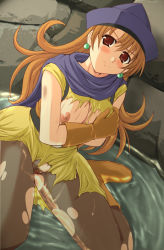 Rule 34 | 1girl, akino hamo, alena (dq4), bad id, blush, breasts, cape, chunsoft, dragon quest, dragon quest iv, enix, long hair, panties, panties under pantyhose, pantyhose, red eyes, red hair, skirt, solo, torn clothes, torn pantyhose, underwear, wet, yellow skirt