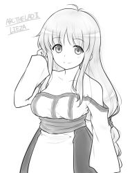 Rule 34 | 1girl, bad ci-en id, bad id, bare shoulders, braid, breasts, closed mouth, collarbone, dress, greyscale, kiikii (kitsukedokoro), lieza (arc the lad), long hair, looking at viewer, low-tied long hair, monochrome, simple background, smile, solo, very long hair, white background