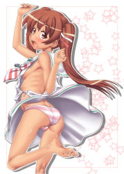 Rule 34 | 1girl, :d, arm up, ass, bare arms, bare legs, bare shoulders, barefoot, blush, breasts, clothing cutout, dark-skinned female, dark skin, dress, fang, from behind, from side, hand up, hase yu, kantai collection, leg up, libeccio (kancolle), long hair, looking at viewer, looking back, neckerchief, no bra, open mouth, panties, pantyshot, partially visible vulva, pink panties, side cutout, sideboob, sleeveless, sleeveless dress, small breasts, smile, solo, standing, star (symbol), starry background, striped clothes, striped neckerchief, striped neckwear, striped panties, tareme, twintails, underwear, white dress
