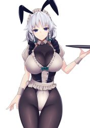 Rule 34 | 1girl, alternate costume, animal ears, black pantyhose, blush, bow, braid, breasts, collarbone, commentary request, cowboy shot, eyelashes, fake animal ears, frills, gluteal fold, green bow, groin, hair bow, hand up, head tilt, highres, holding, holding tray, izayoi sakuya, large breasts, leotard, looking at viewer, maid, maid headdress, pantyhose, playboy bunny, puffy short sleeves, puffy sleeves, purple eyes, rabbit ears, short hair, short sleeves, silver hair, simple background, sinkai, smile, solo, standing, thigh gap, thighs, touhou, tray, twin braids, white background, wrist cuffs