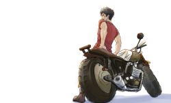 Rule 34 | 10s, 1boy, akira1182, black hair, brown footwear, full body, joe (megalo box), male focus, megalo box, motor vehicle, motorcycle, red shirt, scar, shirt, simple background, solo, standing, white background