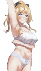 Rule 34 | 1girl, armpits, bare shoulders, blonde hair, blue eyes, blush, bow, bra, breasts, cleavage, commentary, genshin impact, hair between eyes, hair bow, highres, jean (genshin impact), large breasts, lingerie, long hair, looking at viewer, navel, owaowa no mi, panties, ponytail, sidelocks, simple background, solo, underwear, white background