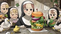 Rule 34 | &gt; &lt;, 4girls, :t, banana, bell pepper, bird, bite mark, blank eyes, blonde hair, bread, bread slice, broccoli, brown eyes, brown hair, burger, carrot, cheek bulge, cheese, cherry tomato, chicken, clumsy nun (diva), commentary, cucumber, disgust, diva (hyxpk), drooling, duck, duckling, eating, english commentary, food, food in mouth, food on face, froggy nun (diva), fruit, habit, hanging plant, highres, hungry nun (diva), lettuce, little nuns (diva), mini flag, multiple girls, note, nun, onion, ostrich, outstretched arms, pepper, pickle, plate, poster (object), red eyes, red hair, shadow, sign, sign around neck, spicy nun (diva), spinach, sweatdrop, tomato, tomato slice, tongue, tongue out, traditional nun, vegetable, yellow eyes, zombie pose