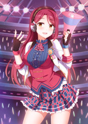 Rule 34 | 10s, 1girl, :d, ascot, black gloves, blush, breasts, contrapposto, cowboy shot, cropped jacket, fingerless gloves, frilled shirt, frilled skirt, frills, gloves, glowstick, headset, idol, jacket, light switch, long hair, long sleeves, looking at viewer, love live!, love live! school idol festival, love live! school idol project, love live! sunshine!!, medium breasts, megaphone, mmrailgun, open clothes, open jacket, open mouth, plaid, plaid skirt, red hair, red vest, sakurauchi riko, shirt, skirt, smile, solo, standing, striped clothes, striped shirt, vertical-striped clothes, vertical-striped shirt, vest, white jacket, yellow eyes