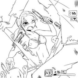 Rule 34 | 1girl, blush, bra, breasts, greyscale, gun, left 4 dead, lingerie, lowres, monochrome, navel, nude, ponytail, small breasts, solo, tears, torn clothes, underwear, weapon, zoey (left4dead), zombie