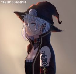 Rule 34 | 1girl, aqua eyes, artist name, breasts, brown background, brown hat, cleavage, closed mouth, collar, dated, detached sleeves, earrings, expressionless, frills, from side, gem, gradient background, grey hair, hair between eyes, hat, high collar, highres, jewelry, light, looking away, looking up, medium breasts, original, pointy ears, purple gemstone, red gemstone, short hair, shoulder tattoo, single bare shoulder, skull and crossbones, solo, tattoo, tight (ohmygod), upper body, witch hat