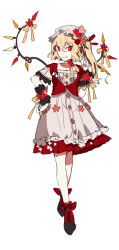 Rule 34 | 1girl, alternate costume, black footwear, black wrist cuffs, blonde hair, boots, bow, bow on wing, bright pupils, chinese commentary, closed mouth, commentary request, cross-laced footwear, crystal wings, dress, dress flower, fang, fang out, flandre scarlet, flower, flower button, footwear bow, frilled dress, frilled hat, frills, full body, hand on own hip, hat, hat flower, jacket, lolita fashion, long hair, looking at viewer, medium dress, mob cap, pink flower, red eyes, red flower, red footwear, red jacket, red scrunchie, scrunchie, short sleeves, side ponytail, simple background, smile, solo, standing, starshadowmagician, touhou, two-tone footwear, white background, white dress, white hat, white pupils, wrist cuffs, wrist scrunchie, yellow bow