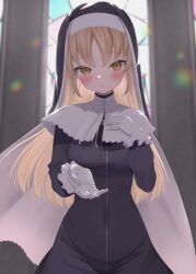 Rule 34 | 1girl, beckoning, black dress, blush, brown eyes, capelet, chimomo, church, closed mouth, dress, full-length zipper, gloves, habit, hand on own chest, high collar, highres, indoors, light brown hair, long dress, long hair, long sleeves, looking at viewer, nijisanji, nun, parted bangs, reaching, reaching towards viewer, sister claire, sister claire (1st costume), smile, solo, stained glass, straight hair, tight clothes, traditional nun, upper body, virtual youtuber, white capelet, white gloves, zipper, zipper dress