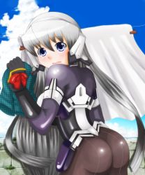 Rule 34 | 1girl, armor, artist request, ass, blue eyes, blush, breasts, from behind, headgear, highres, horizon ariadust, kyoukaisenjou no horizon, long hair, looking at viewer, pantyhose, silver hair, solo, very long hair, wavy mouth