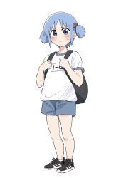 Rule 34 | 1girl, annoyed, backpack, bag, black footwear, blue eyes, blue hair, blue shorts, gym uniform, hair ornament, highres, looking at viewer, naganohara mio, nichijou, ookiiayu, shirt, shoes, shorts, sneakers, solo, sweat, white background, white shirt