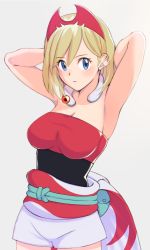 Rule 34 | 1girl, armpits, arms behind head, blonde hair, blue eyes, blush, breasts, cleavage, closed mouth, collar, commentary request, creatures (company), egooo, eyelashes, game freak, hair between eyes, hairband, irida (pokemon), jewelry, looking at viewer, medium hair, neck ring, nintendo, pokemon, pokemon legends: arceus, presenting armpit, red hairband, red shirt, sash, shirt, shorts, solo, strapless, strapless shirt, waist cape, white shorts