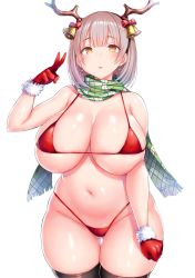 Rule 34 | 1girl, antlers, bare arms, bare shoulders, bell, bikini, black thighhighs, blunt bangs, breasts, brown eyes, christmas, cleavage, cowboy shot, curvy, fur-trimmed gloves, fur trim, gloves, gluteal fold, green scarf, hair bell, hair ornament, hand up, highleg, highleg bikini, highres, horns, huge breasts, light brown hair, looking at viewer, navel, open mouth, original, plaid, plaid scarf, red bikini, red gloves, scarf, short hair, silver hair, simple background, skindentation, solo, string bikini, swimsuit, thigh gap, thighhighs, tsukumiya amane, v, white background, wide hips