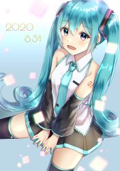 Rule 34 | 1girl, absurdly long hair, anniversary, aqua eyes, aqua hair, aqua necktie, artist name, artist request, bare shoulders, black skirt, black sleeves, black thighhighs, blue eyes, blue hair, blue necktie, breasts, collarbone, collared shirt, curly hair, detached sleeves, female focus, frilled shirt collar, frills, hair between eyes, hair ornament, hatsune miku, highres, long hair, looking at viewer, miniskirt, nail polish, natsume jin, necktie, number tattoo, parted lips, pleated skirt, shirt, shoulder tattoo, sitting, skirt, sleeveless, sleeveless shirt, sleeves past wrists, small breasts, smile, solo, tattoo, thighhighs, tie clip, twintails, very long hair, vocaloid, white shirt, wide sleeves, wing collar, zettai ryouiki