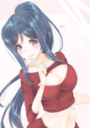 Rule 34 | 10s, 1girl, blue hair, breasts, cleavage, finger to mouth, frapowa, heart, large breasts, long hair, love live!, love live! sunshine!!, matsuura kanan, meme attire, midriff, navel, open-chest sweater, ponytail, purple eyes, smile, solo, sparkle, standing, sweater