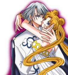 Rule 34 | 1990s (style), 1boy, 1girl, bad anatomy, bad hands, bare arms, bishoujo senshi sailor moon, bishoujo senshi sailor moon r, blonde hair, bracelet, cape, couple, double bun, dress, earrings, facial mark, forehead mark, holding, jewelry, long hair, neo queen serenity, prince, prince demande, purple eyes, queen, silver hair, strapless, strapless dress, tsukino usagi, twintails, white dress