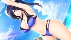 Rule 34 | 1girl, armpits, arms up, bare arms, bare legs, bare shoulders, beach, bikini, bikini bottom only, blush, breasts, cleavage, closed mouth, cloud, contrapposto, cowboy shot, day, dutch angle, female focus, game cg, groin, hibiki works, high ponytail, iizuki tasuku, large breasts, legs, light blush, light smile, long hair, looking at viewer, navel, o-ring, o-ring bikini, o-ring bottom, o-ring top, ocean, original, outdoors, ponytail, purple eyes, purple hair, sidelocks, sky, smile, solo, standing, stretching, suiren to shion, sunlight, swimsuit, thighs, two-tone bikini, wakami suiren, water