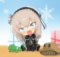 Rule 34 | 1girl, :d, aged down, alligator, arm support, black bow, black bowtie, black dress, black footwear, black hairband, blue eyes, blush stickers, boots, bow, bowtie, child, commentary, crocodilian, dress, frilled dress, frills, gift, girls und panzer, hairband, head tilt, highres, itsumi erika, jinguu (4839ms), lolita fashion, lolita hairband, long dress, long hair, long sleeves, looking at viewer, military, military vehicle, model tank, motor vehicle, on ground, open mouth, shadow, silver hair, sitting, sleeves past fingers, sleeves past wrists, smile, snowflake background, solo, stuffed animal, stuffed toy, tank, tiger ii, v arms