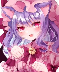 Rule 34 | 1girl, animal ears, bell, blush, bow, bowtie, breasts, buttons, cat day, cat ears, collared dress, commentary request, dress, eyes visible through hair, fang, hair between eyes, hands up, hat, jaku sono, looking up, medium breasts, mob cap, open mouth, pink bow, pink bowtie, pink dress, pink eyes, pink hat, puffy short sleeves, puffy sleeves, purple hair, remilia scarlet, short hair, short sleeves, signature, simple background, smile, solo, tongue, touhou, white background, wrist cuffs