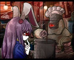 Rule 34 | 1girl, animal ears, chef hat, colored skin, commentary, cooking, cooking pot, crossover, fallout (series), fallout 4, finger to mouth, green outline, hair between eyes, hat, highres, letterboxed, light bulb, long bangs, long hair, outline, rabbit ears, rabbit girl, red eyes, reisen udongein inaba, robot, squiggle, suenari (peace), takahashi (fallout 4), touhou, upper body, vault suit, white skin