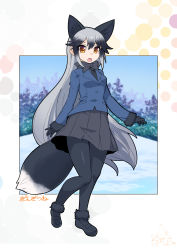 Rule 34 | 10s, animal ears, black gloves, bow, bowtie, commentary request, fox ears, fox tail, gloves, highres, jacket, kemono friends, long hair, multicolored hair, multiple girls, open mouth, pantyhose, silver fox (kemono friends), silver hair, skirt, tail, umigarasu (kitsune1963)