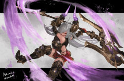 Rule 34 | 1girl, armor, axe, black gloves, breasts, dated, elbow gloves, fang, fur trim, gloves, granblue fantasy, greaves, hair over one eye, highres, holding, holding axe, holding weapon, horns, large breasts, long hair, multicolored clothes, multicolored gloves, n9+, open mouth, red eyes, red gloves, silver hair, smile, solo, swing, threo (granblue fantasy), twitter username, weapon