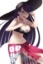 Rule 34 | &gt;:d, 1girl, :d, arms up, bad id, bad pixiv id, bikini, bikini top only, black bikini, blue eyes, breasts, choker, cleavage, clenched hands, contrapposto, cowboy shot, earrings, fate/grand order, fate (series), frill trim, frills, gluteal fold, hat, highres, jewelry, large breasts, long hair, martha (fate), martha (swimsuit ruler) (fate), martha (swimsuit ruler) (first ascension) (fate), navel, necklace, open mouth, purple hair, rosary, sarong, shimomoto, simple background, smile, solo, sparkle, standing, sun hat, sweat, swimsuit, v-shaped eyebrows, very long hair, white background