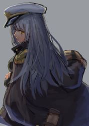 Rule 34 | 1girl, a.t. zero, bad id, bad twitter id, blue hair, character request, copyright request, crossed arms, epaulettes, from behind, grey background, hat, highres, jacket, jacket on shoulders, military, military uniform, scar, scar across eye, scar on face, simple background, sketch, solo, uniform, yellow eyes