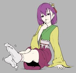 1girl aya_(lezon) feet finger_to_mouth flower foreshortening grey_background hair_flower hair_ornament hieda_no_akyuu japanese_clothes kimono purple_eyes purple_hair simple_background sitting socks soles tabi toes touhou white_legwear