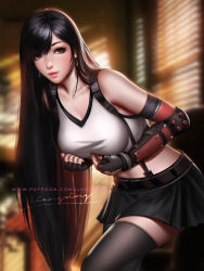 Rule 34 | 1girl, arm guards, black hair, black skirt, black thighhighs, blurry, blurry background, bracelet, collarbone, curtains, earrings, elbow gloves, final fantasy, final fantasy vii, final fantasy vii remake, fingerless gloves, gloves, highres, jewelry, leaning forward, liang xing, looking at viewer, pleated skirt, shirt, skirt, solo, square enix, sunlight, suspenders, tank top, taut clothes, taut shirt, thighhighs, tifa lockhart, white tank top