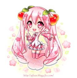 Rule 34 | 1girl, artist name, character name, cherry, chibi, detached sleeves, food, fruit, hatsune miku, kneeling, long hair, necktie, open mouth, outstretched arm, pink eyes, pink hair, platinum fantasia, sakura miku, skirt, solo, thighhighs, twintails, very long hair, vocaloid