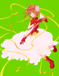 Rule 34 | 1990s (style), 1girl, aji nashi (dress), boots, brown hair, cardcaptor sakura, child, chinese clothes, dress, flower, full body, fuuin no tsue, gloves, green background, green eyes, hair flower, hair ornament, holding, kinomoto sakura, looking at viewer, magical girl, red gloves, retro artstyle, ribbon, see-through, short hair, simple background, skirt, sleeveless, smile, solo, wand