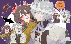 Rule 34 | 1boy, 1girl, animal ears, arknights, artist self-insert, bandaged arm, bandages, bat wings, bear boy, bear ears, bishounen, brown hair, commentary, daimondai4, english commentary, english text, fang, formal, grey hair, hair ornament, halloween, highres, horns, jaye (arknights), mummy costume, pink eyes, simple background, skull hair ornament, smile, suit, translation request, wings