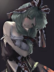 Rule 34 | 1girl, black background, blush, bow, bra, chemise, dress, frills, front ponytail, geppewi, green eyes, green hair, hair bow, hair ornament, hair ribbon, kagiyama hina, long hair, looking at viewer, matching hair/eyes, off shoulder, open mouth, ponytail, puffy sleeves, ribbon, short sleeves, simple background, solo, touhou, underwear, undressing