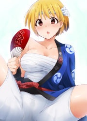 Rule 34 | 10s, 1girl, bare shoulders, blonde hair, blush, breasts, brown eyes, chestnut mouth, cleavage, collarbone, fukuda noriko, hachimaki, hand fan, happi, headband, highres, holding, holding fan, idolmaster, idolmaster million live!, japanese clothes, kaiga, large breasts, looking at viewer, off shoulder, paper fan, sarashi, sash, shiny skin, short hair, shorts, sitting, skin tight, solo, spread legs, sweat, uchiwa, white shorts, wide sleeves, wristband