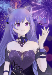 Rule 34 | 1girl, bare shoulders, black choker, breasts, bug, butterfly, choker, cleavage, commentary request, cone hair bun, detached sleeves, dress, fireworks, genshin impact, hair bun, hand up, highres, insect, keqing (genshin impact), keqing (opulent splendor) (genshin impact), long hair, medium breasts, official alternate costume, pink lips, purple dress, purple eyes, purple hair, seikan no bareisho, short sleeves, smile, solo, strapless, strapless dress, twintails, upper body, very long hair