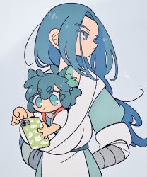 Rule 34 | 2boys, black hair, blue eyes, blue hair, blush, grey background, highres, holding, holding phone, kanekoshake, long hair, luo xiaohei, luo xiaohei (human), luo xiaohei zhanji, multiple boys, no nose, phone, short eyebrows, short sleeves, signature, simple background, upper body, wuxian (the legend of luoxiaohei)