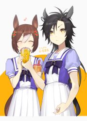Rule 34 | 2girls, air shakur (umamusume), animal ears, asymmetrical bangs, black hair, bow, brown hair, closed eyes, closed mouth, commentary, cup, disposable cup, drinking, ear ornament, eighth note, eyebrow piercing, facing viewer, fine motion (umamusume), flower, frown, hair flower, hair ornament, holding, holding cup, horse ears, horse girl, horse tail, long hair, looking at viewer, multicolored hair, multiple girls, musical note, piercing, pleated skirt, puffy short sleeves, puffy sleeves, purple shirt, sailor collar, school uniform, shirt, short sleeves, simple background, skirt, smile, standing, tail, tan (inka), tracen school uniform, translated, two-tone hair, umamusume, white hair, white sailor collar, white skirt, yellow eyes