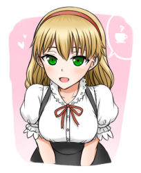 Rule 34 | 1girl, :d, blonde hair, blush, character request, coffee mug, copyright request, green eyes, hairband, heart, leaning forward, looking at viewer, lowres, mug, open mouth, puffy short sleeves, puffy sleeves, ribbon, short sleeves, smile, solo, tanaka gorbachev