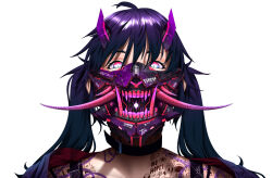 Rule 34 | ahoge, artist request, character request, chest tattoo, close-up, copyright name, copyright request, food, gas mask, highres, horns, long hair, looking at viewer, mask, mouth mask, non-web source, oni, oni horns, onigiri, purple hair, source request, tattoo, teeth, twintails, upper body